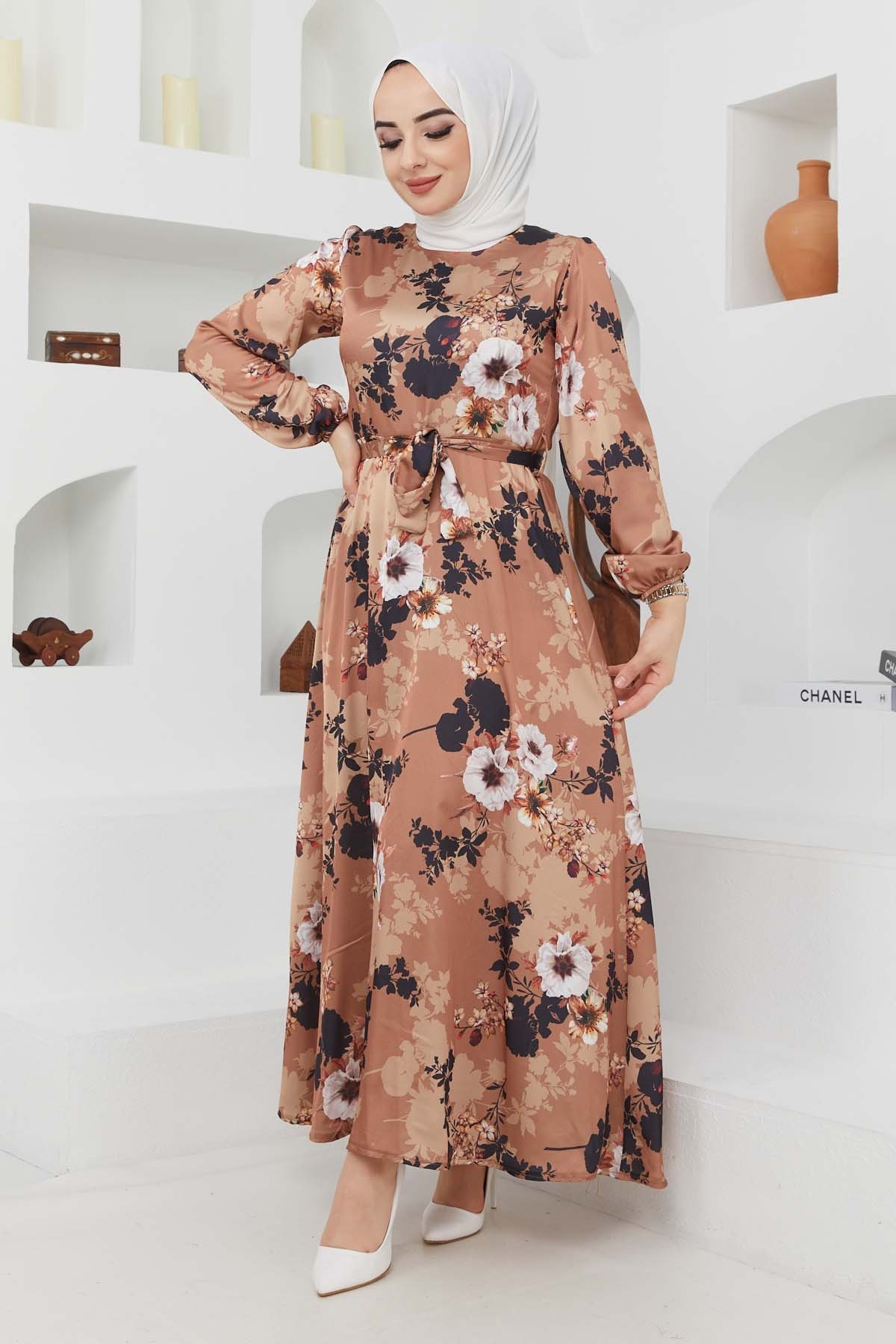 Ayşe Saten Elbise - Camel