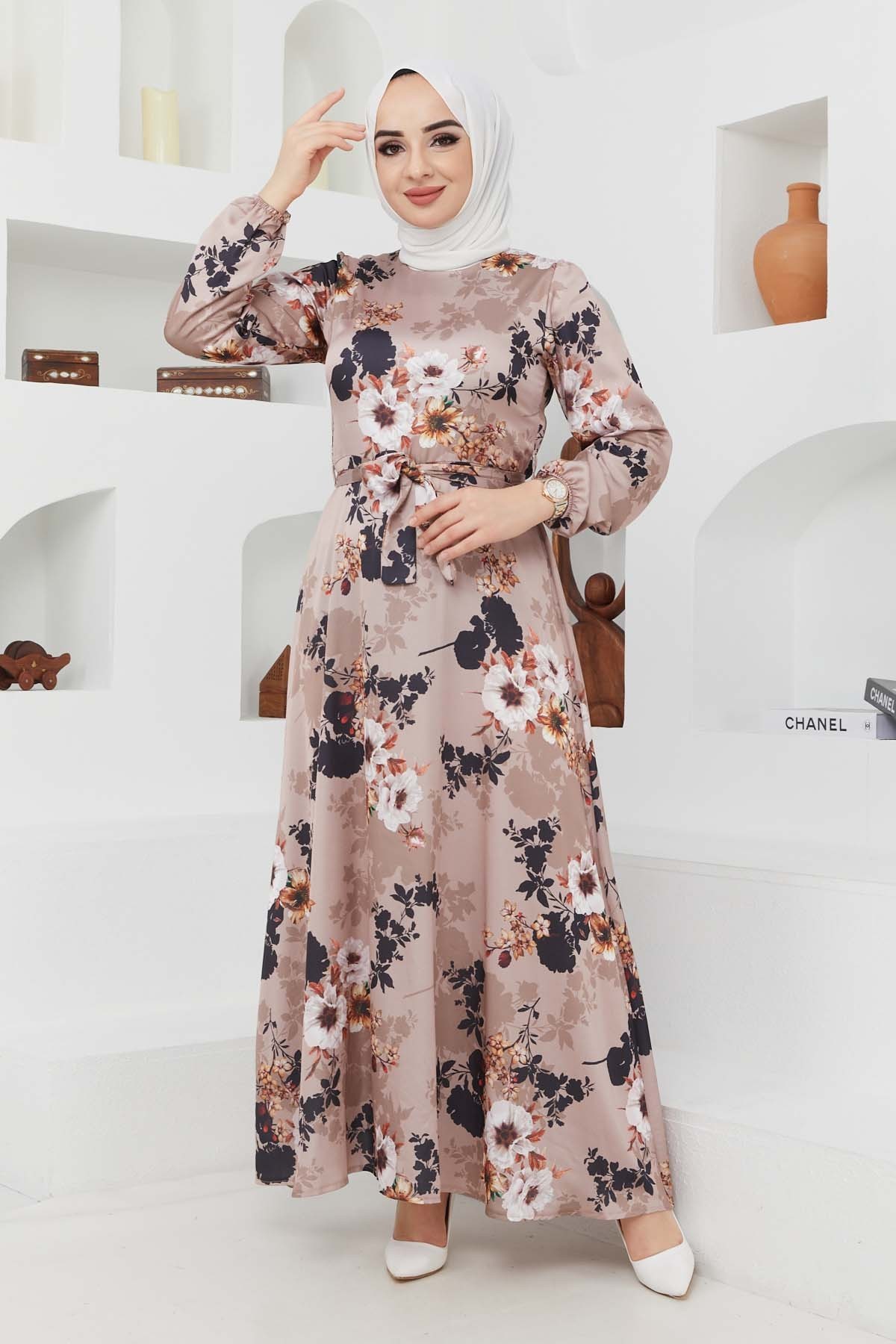 Ayşe Saten Elbise - Bej