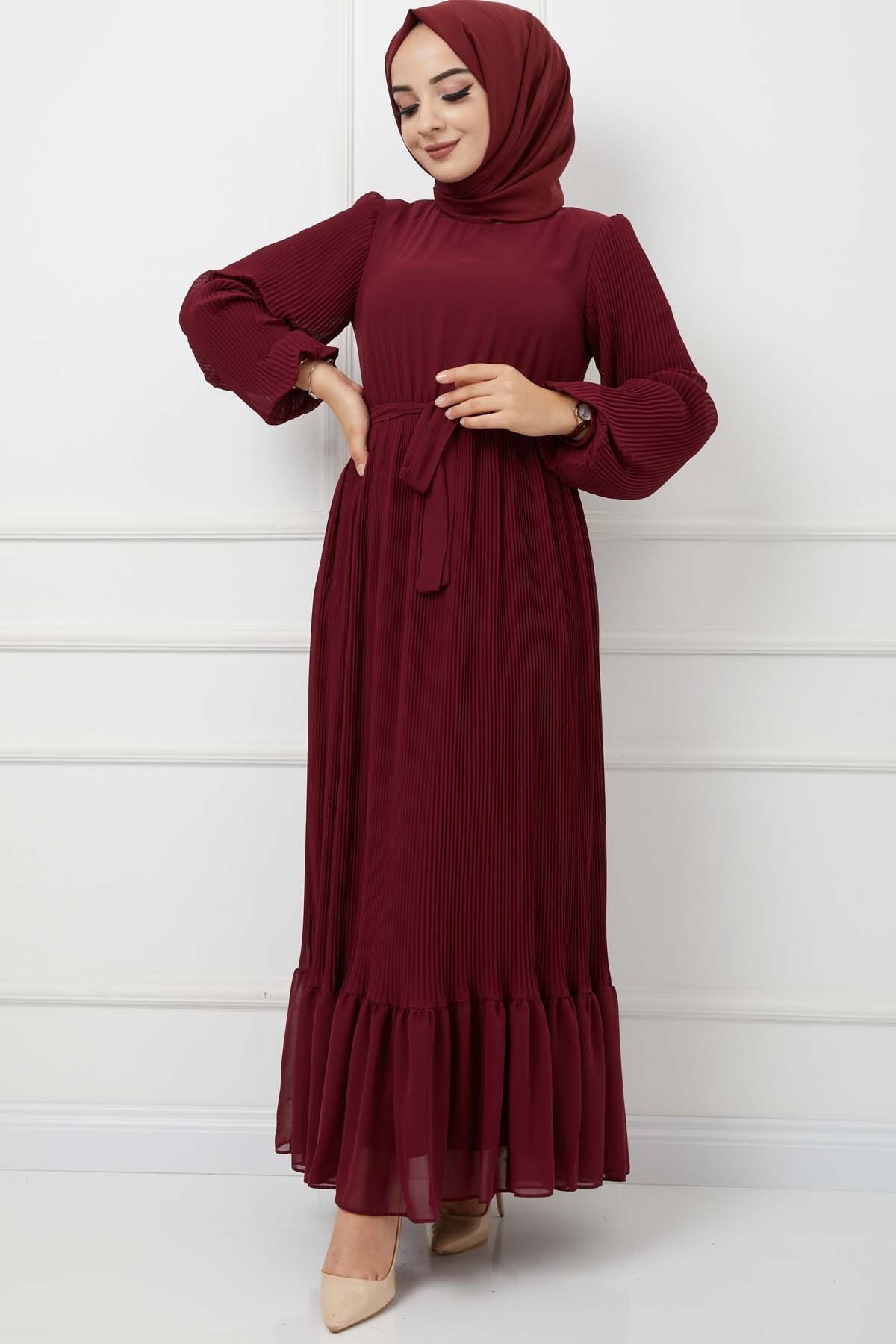 Pilise Detaylı Şifon Elbise - Bordo