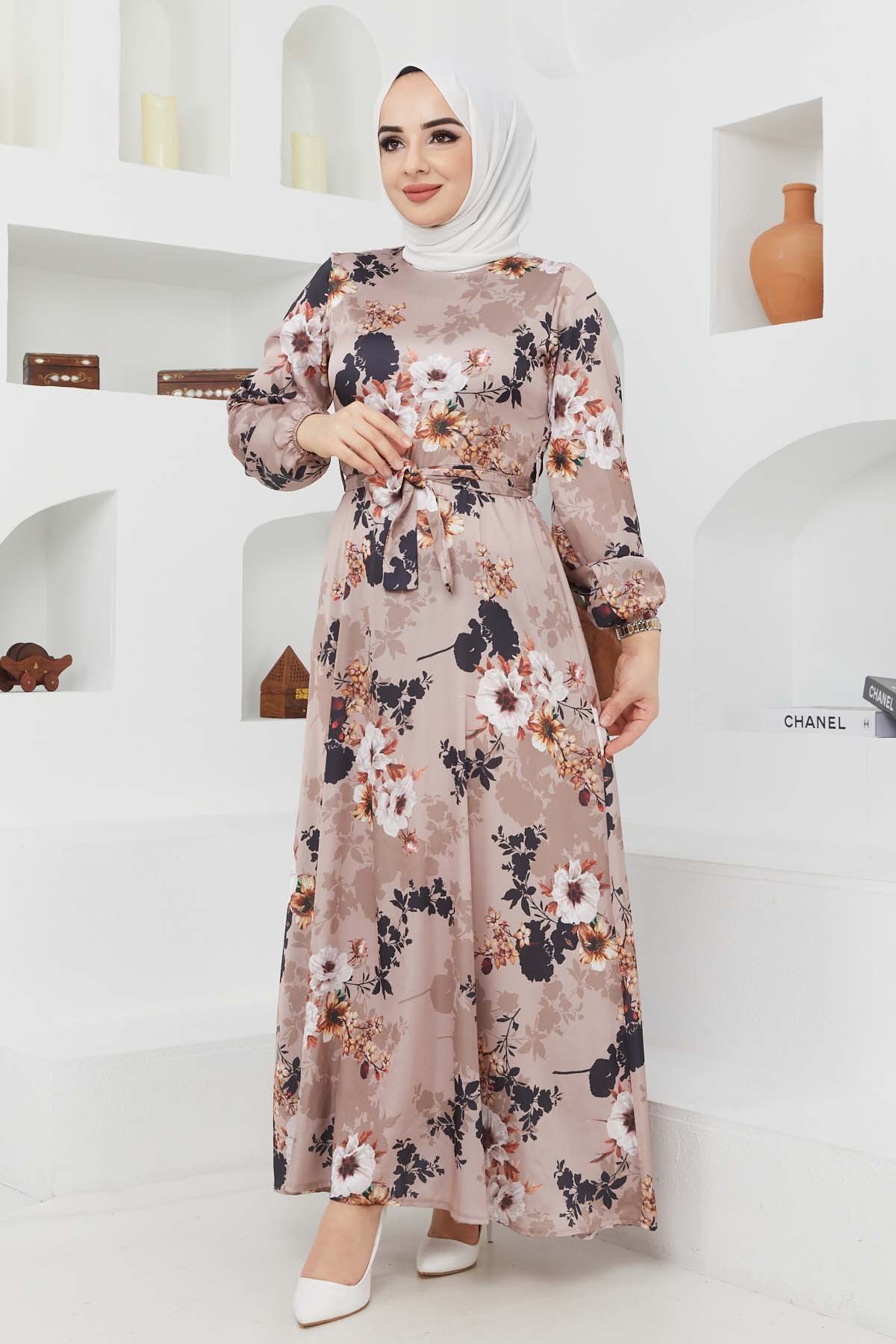 Ayşe Saten Elbise - Bej