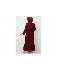 Pilise Detaylı Şifon Elbise - Bordo