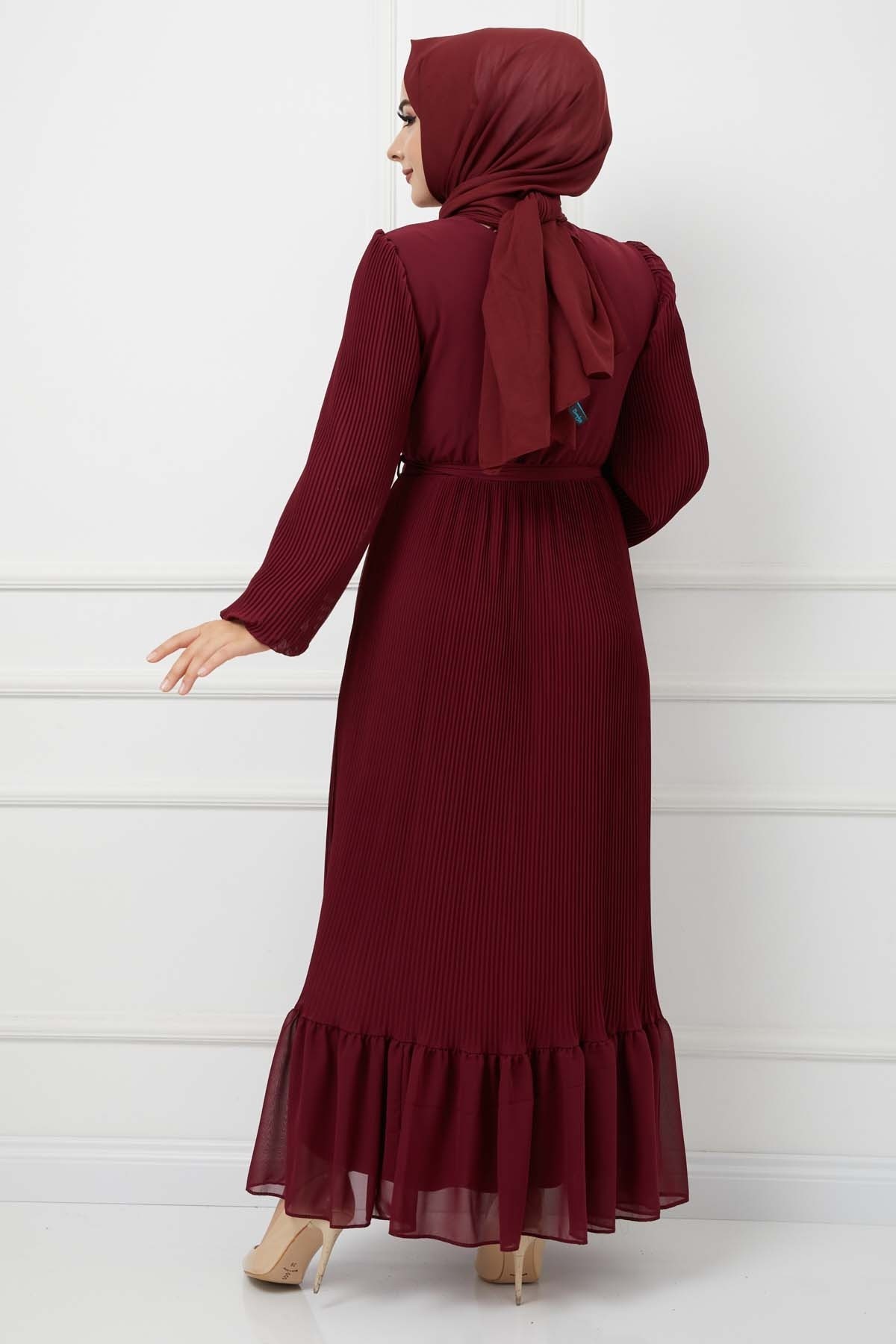 Pilise Detaylı Şifon Elbise - Bordo