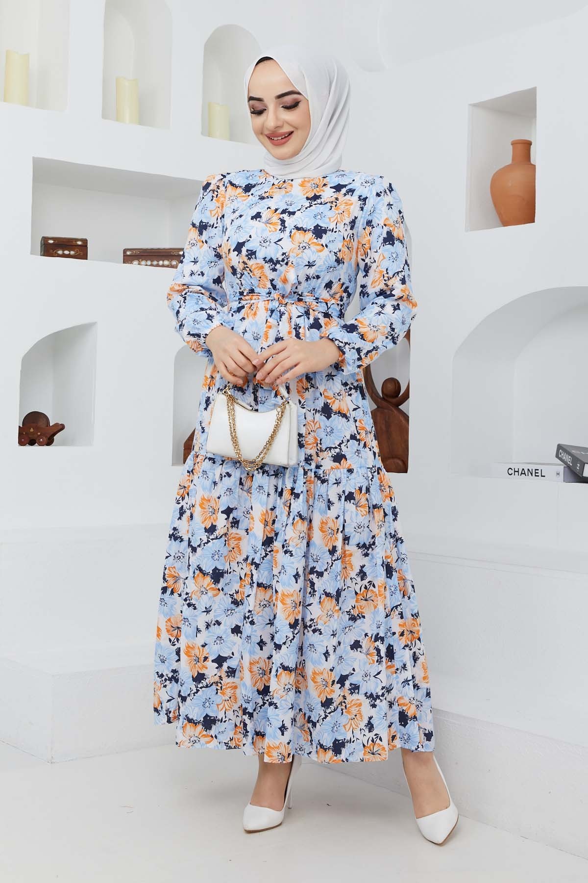 Cankız Çiçek Elbise - Mavi