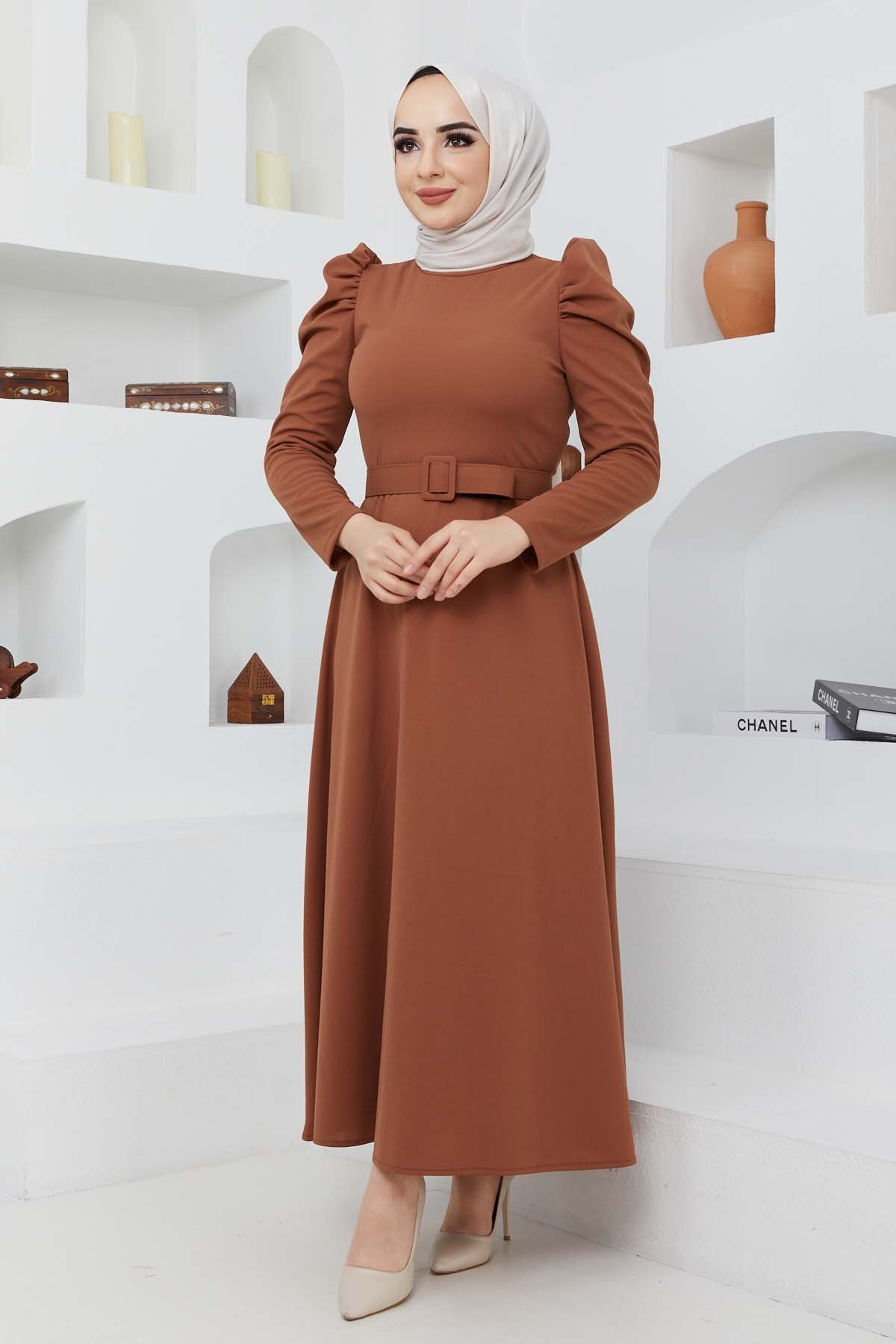 Buket Krep Elbise - Kiremit