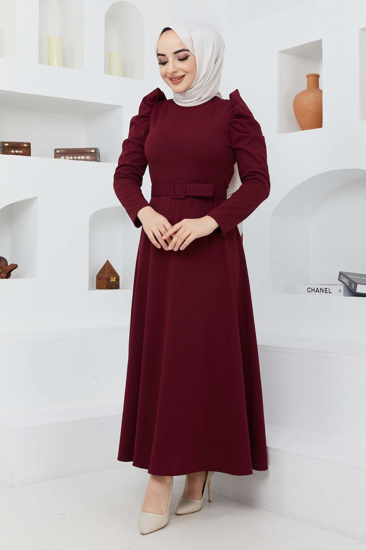 Buket Krep Elbise - Bordo