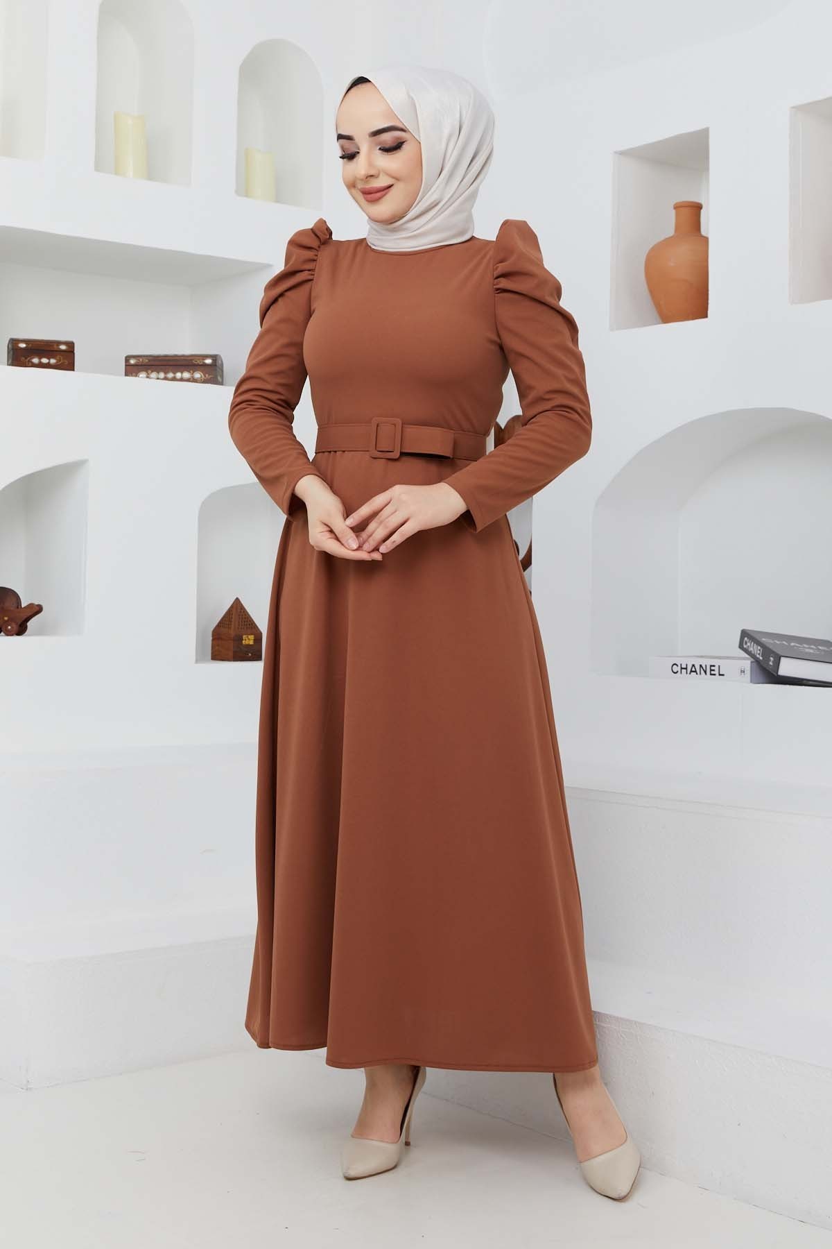 Buket Krep Elbise - Kiremit