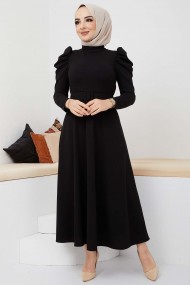 Buket Krep Elbise - Siyah