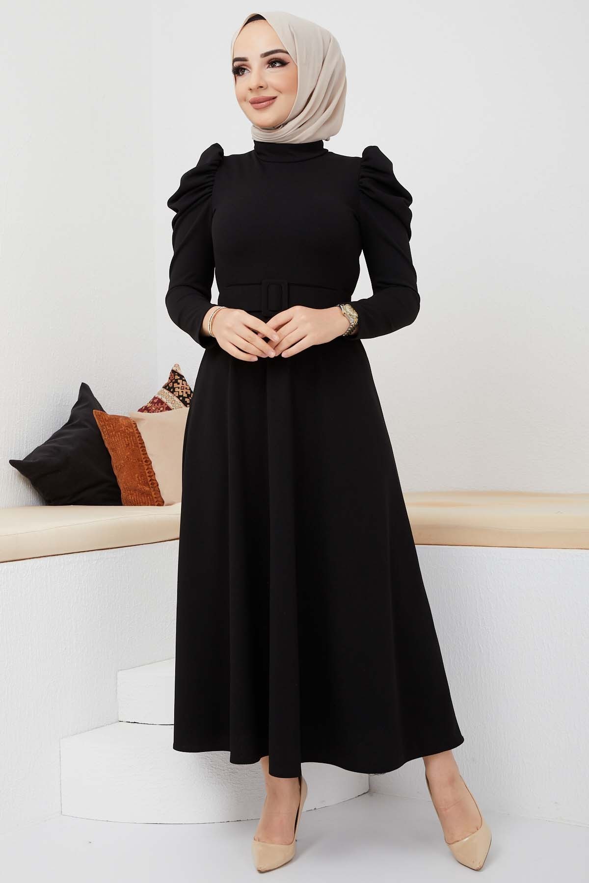 Buket Krep Elbise - Siyah