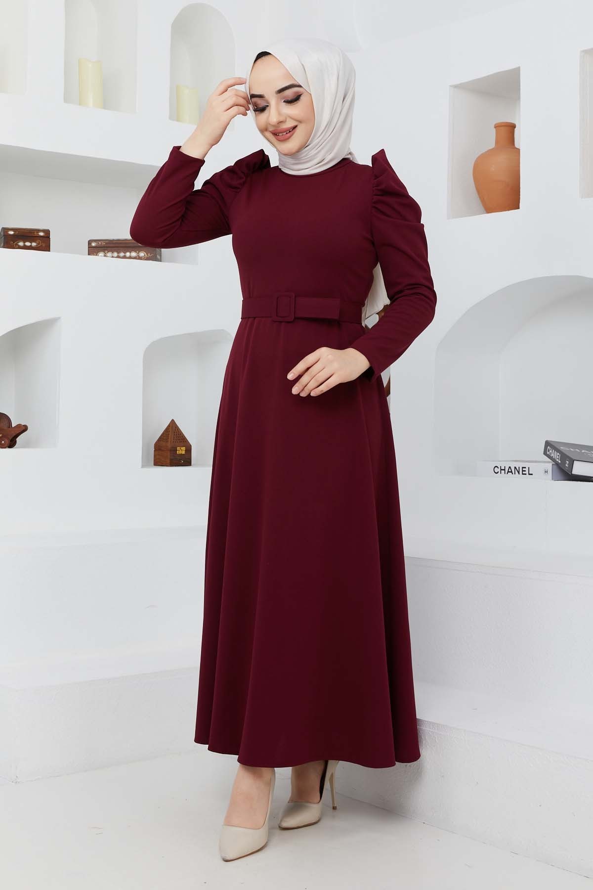 Buket Krep Elbise - Bordo