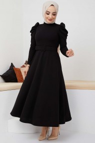 Buket Krep Elbise - Siyah