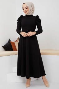 Buket Krep Elbise - Siyah