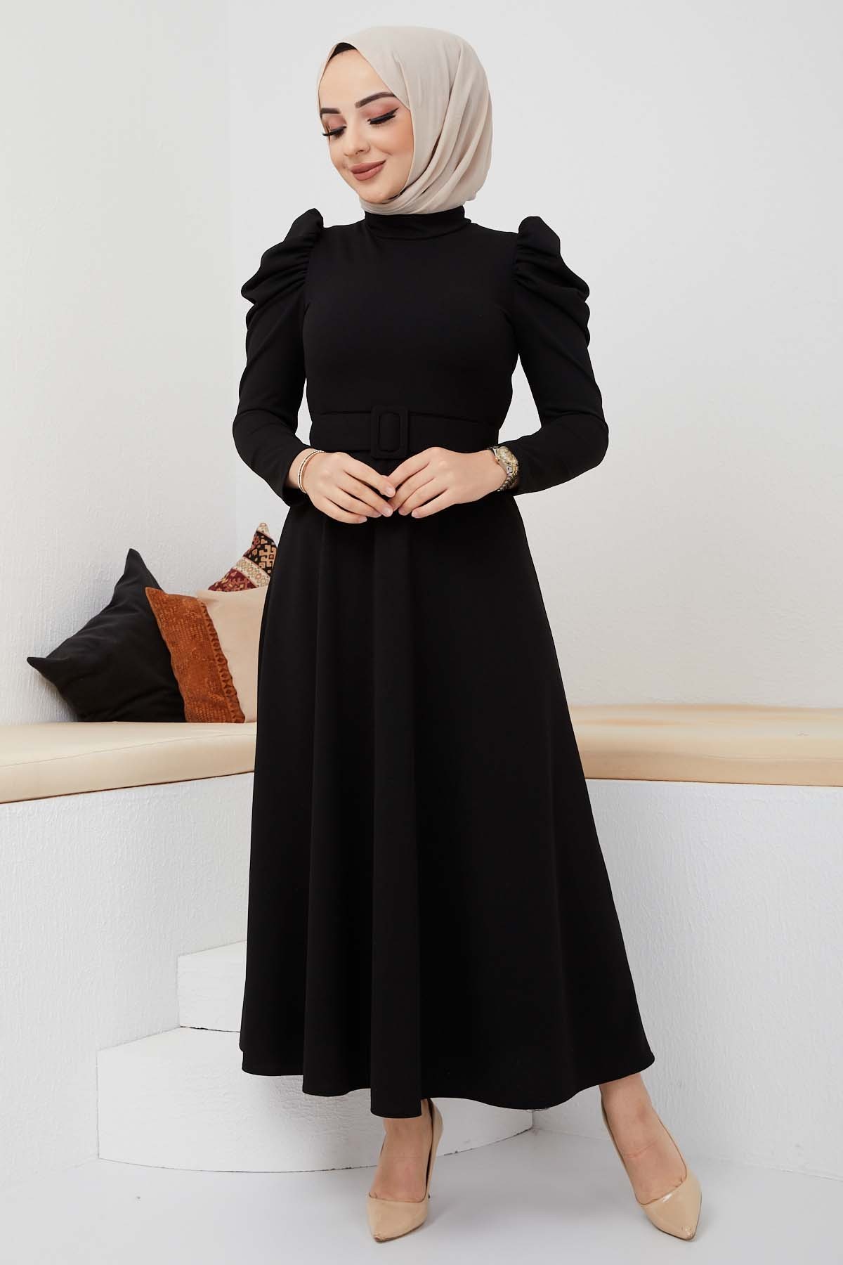 Buket Krep Elbise - Siyah