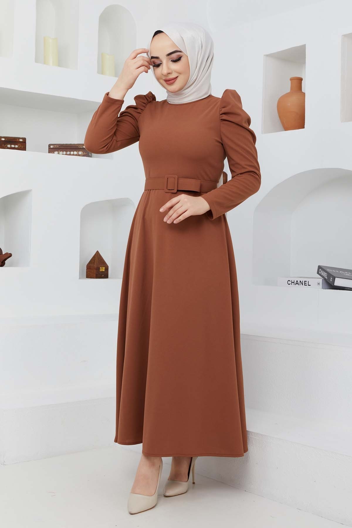 Buket Krep Elbise - Kiremit