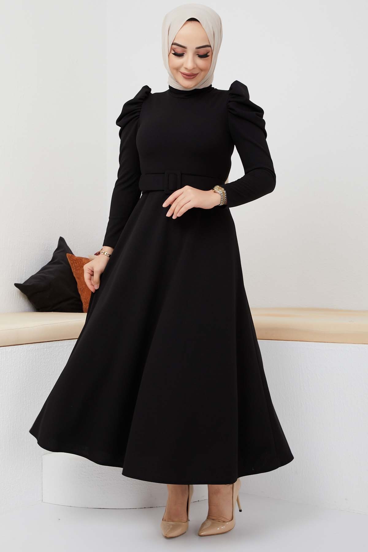 Buket Krep Elbise - Siyah