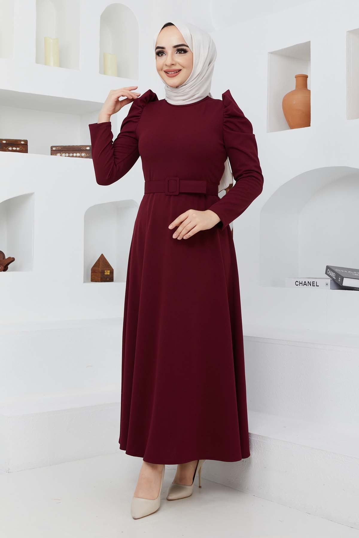 Buket Krep Elbise - Bordo