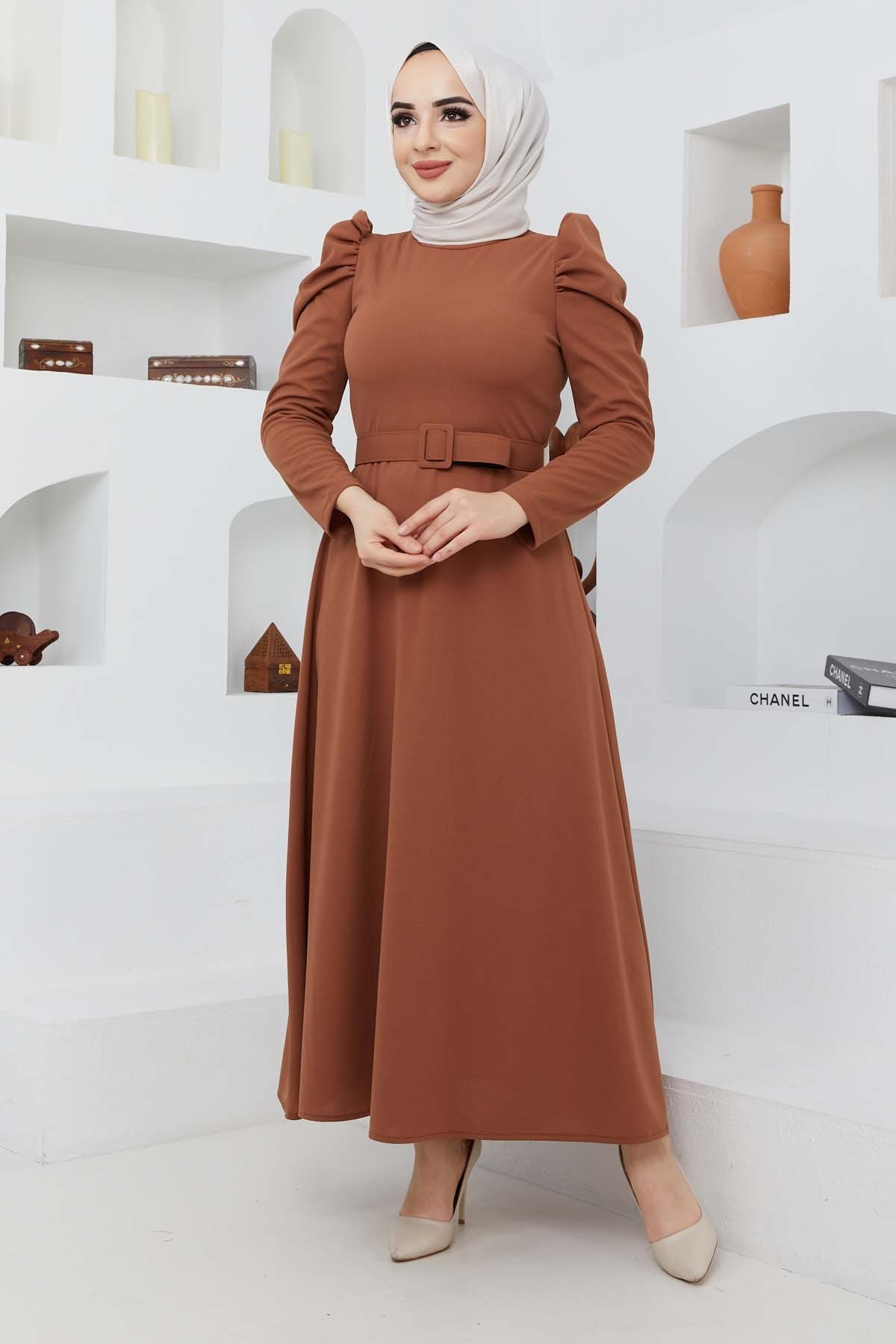 Buket Krep Elbise - Kiremit