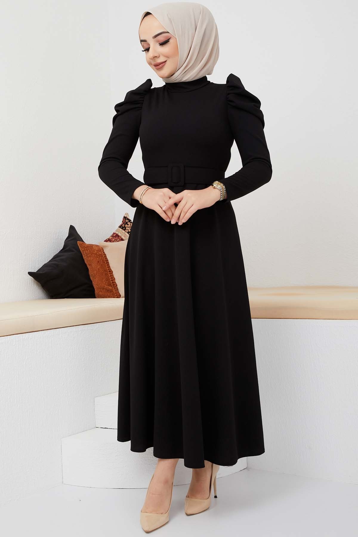 Buket Krep Elbise - Siyah