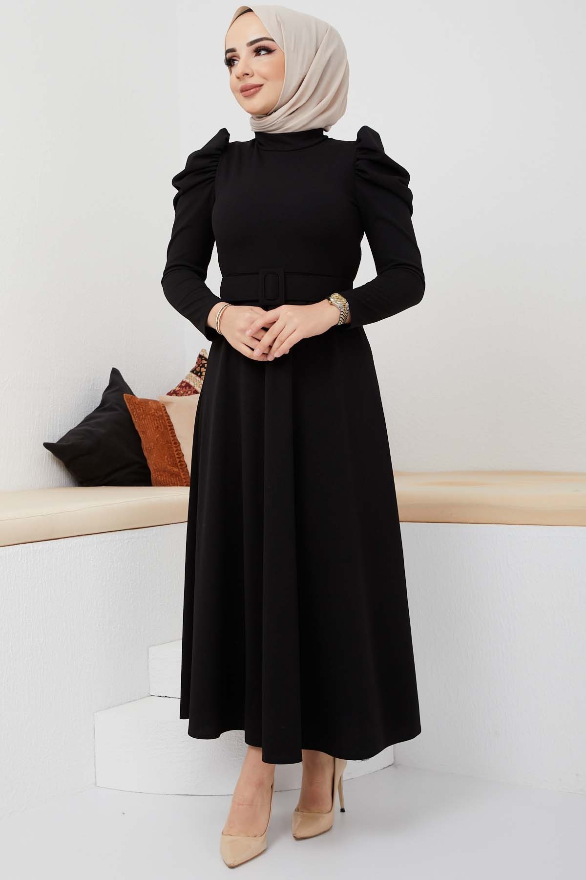 Buket Krep Elbise - Siyah