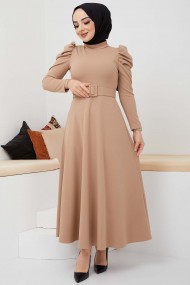 Buket Krep Elbise - Bej