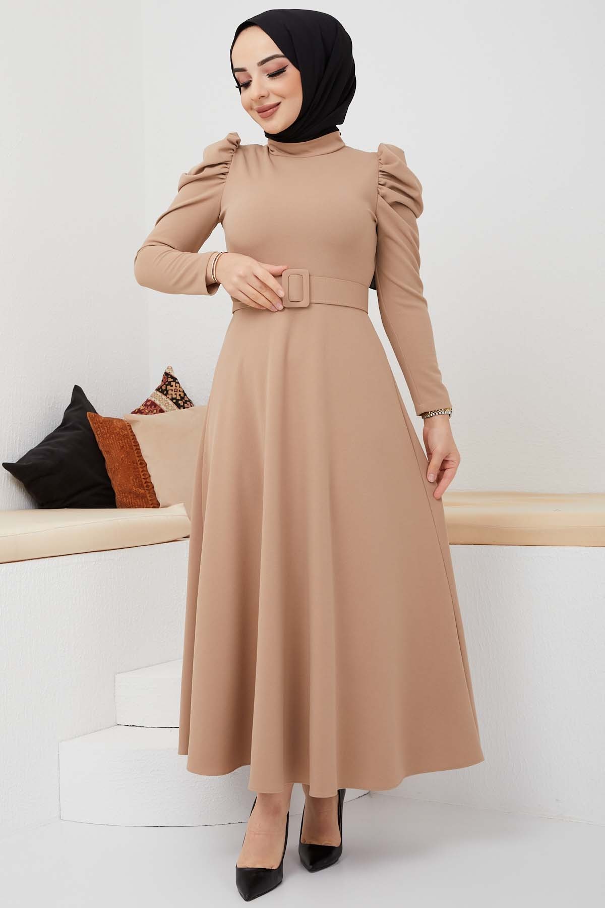 Buket Krep Elbise - Bej