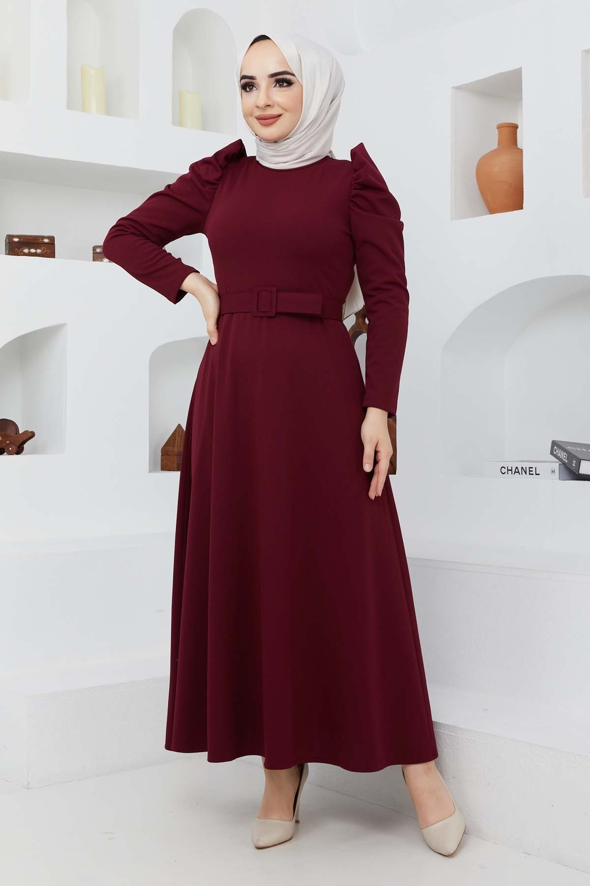 Buket Krep Elbise - Bordo