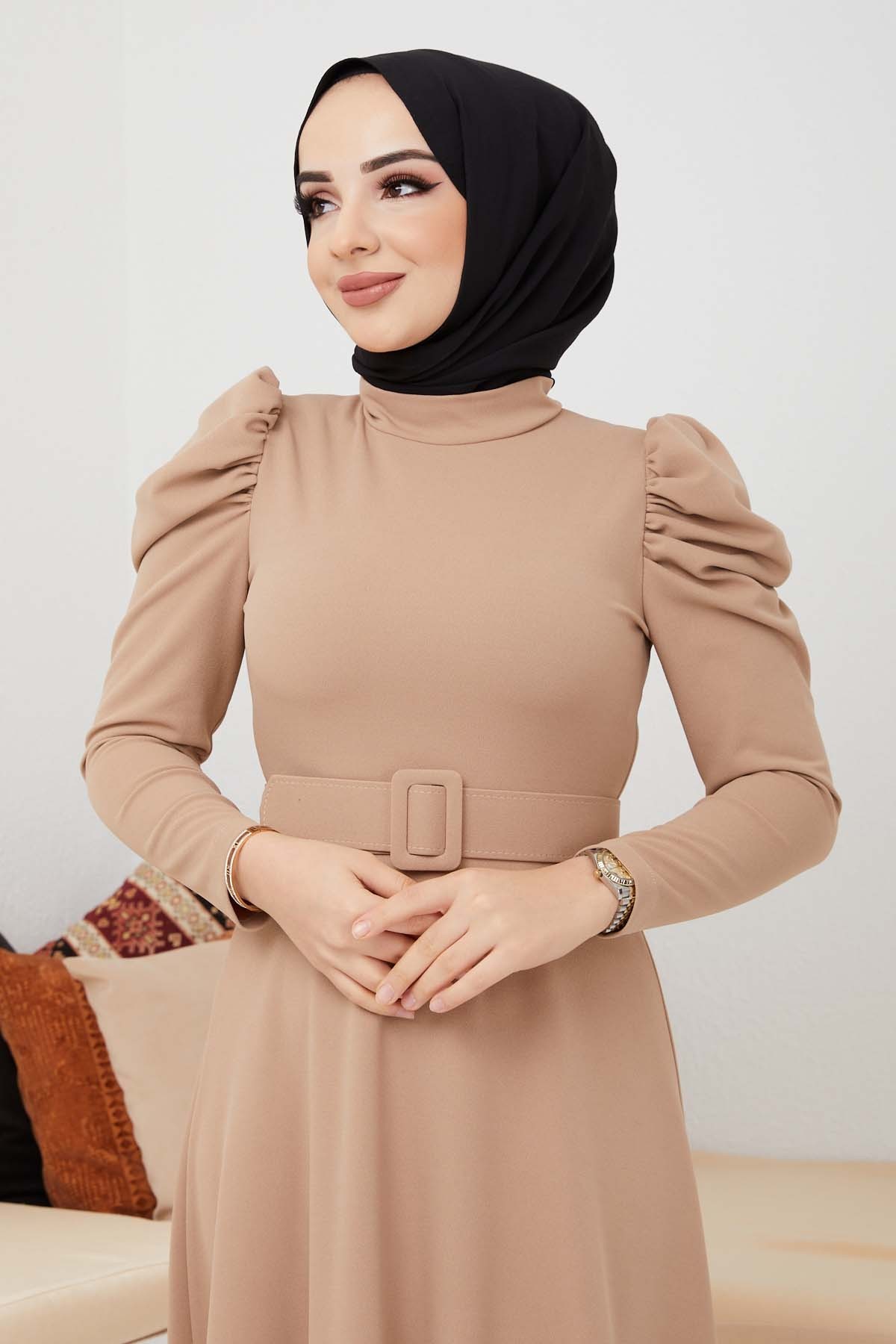 Buket Krep Elbise - Bej