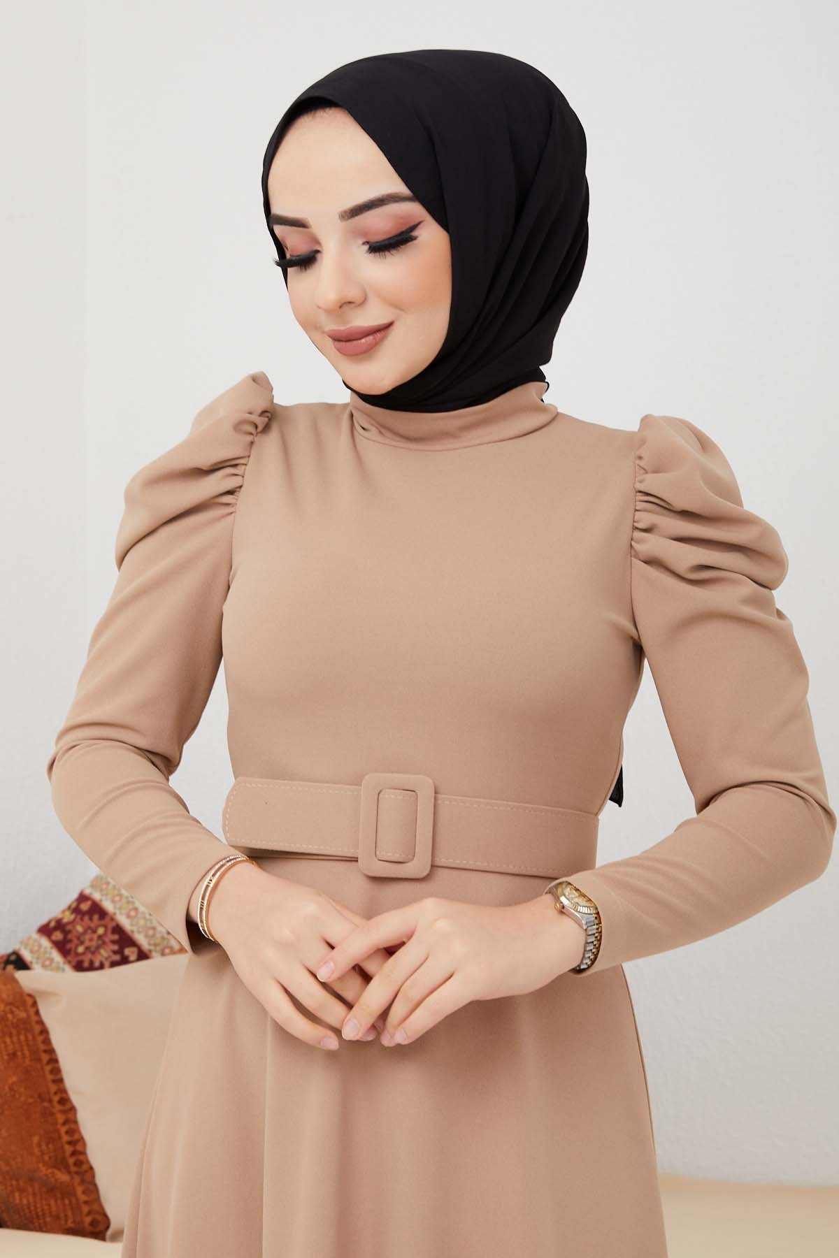 Buket Krep Elbise - Bej