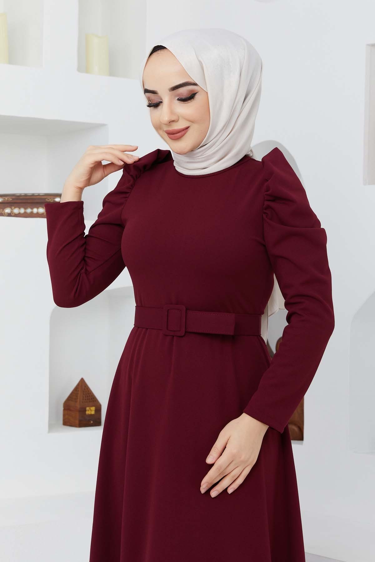 Buket Krep Elbise - Bordo