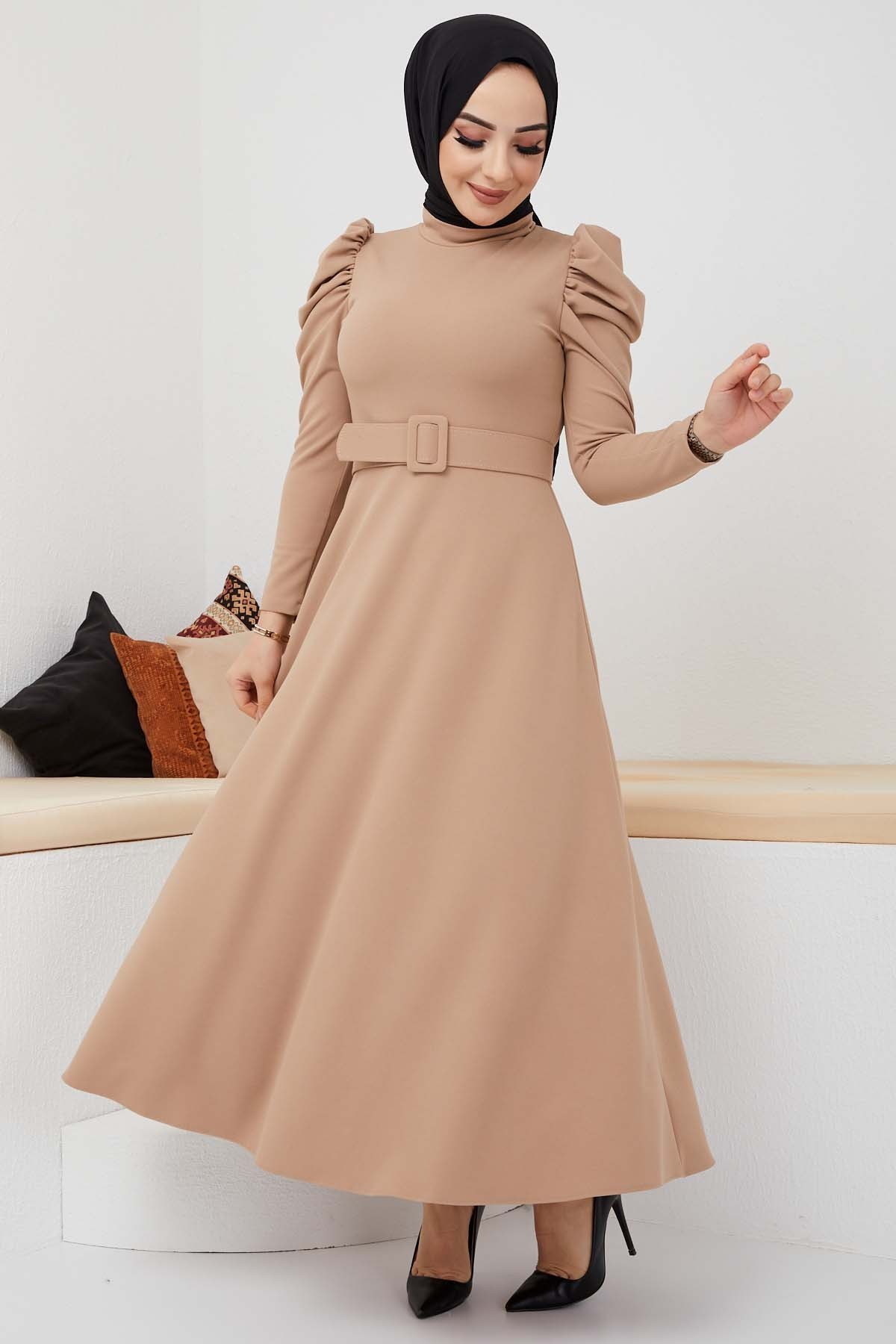 Buket Krep Elbise - Bej