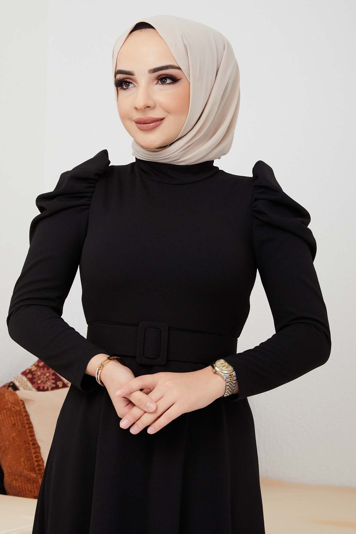 Buket Krep Elbise - Siyah