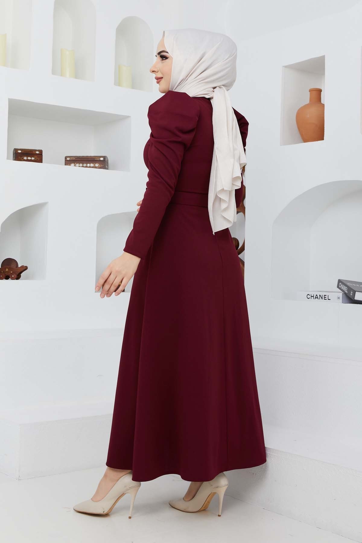 Buket Krep Elbise - Bordo