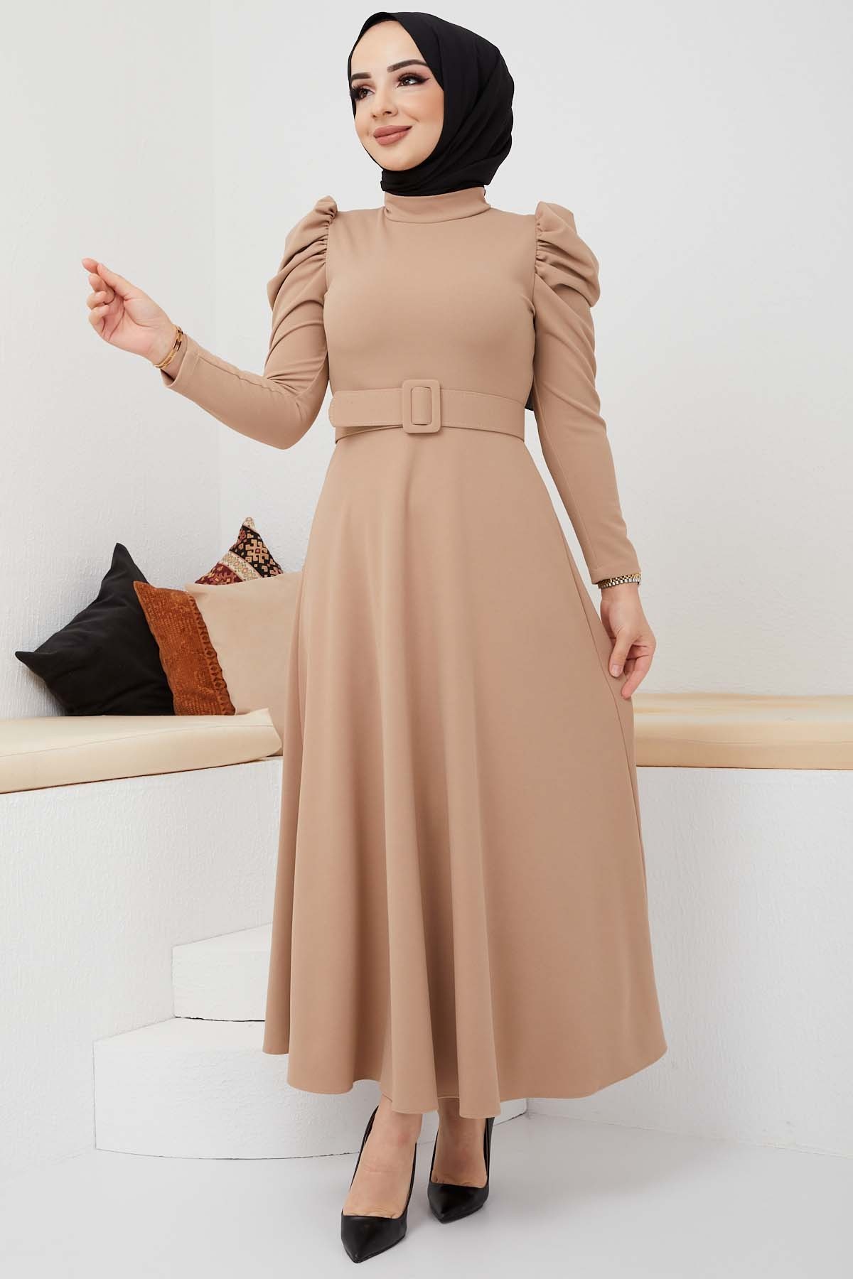 Buket Krep Elbise - Bej