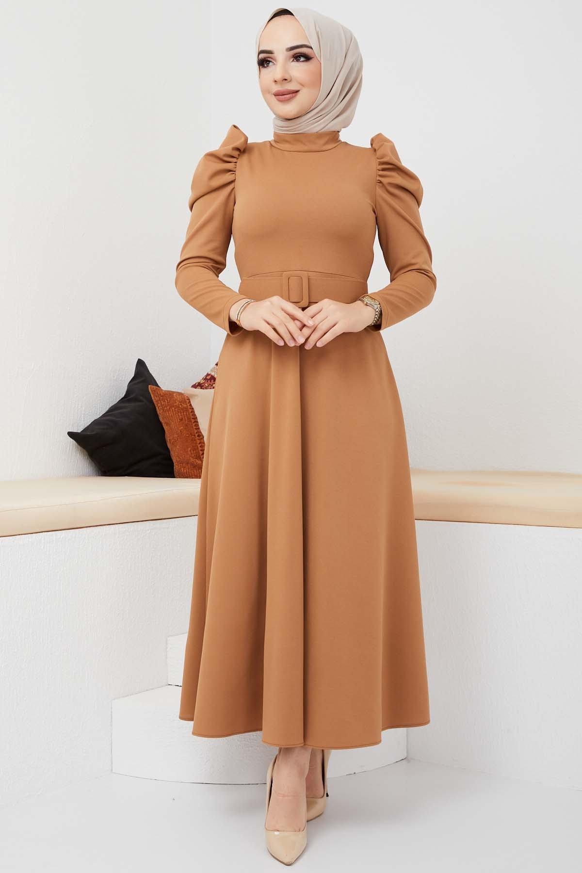 Buket Krep Elbise - Camel