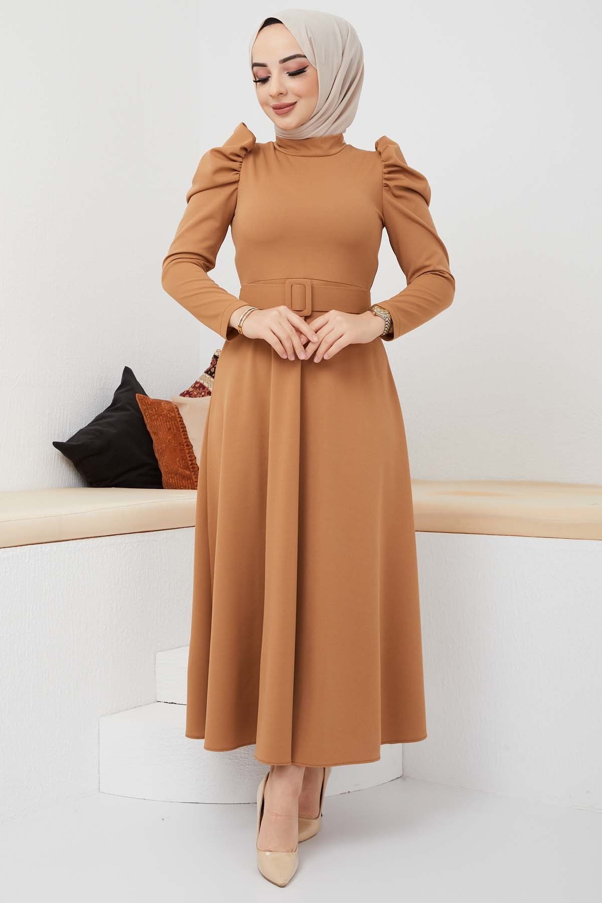 Buket Krep Elbise - Camel