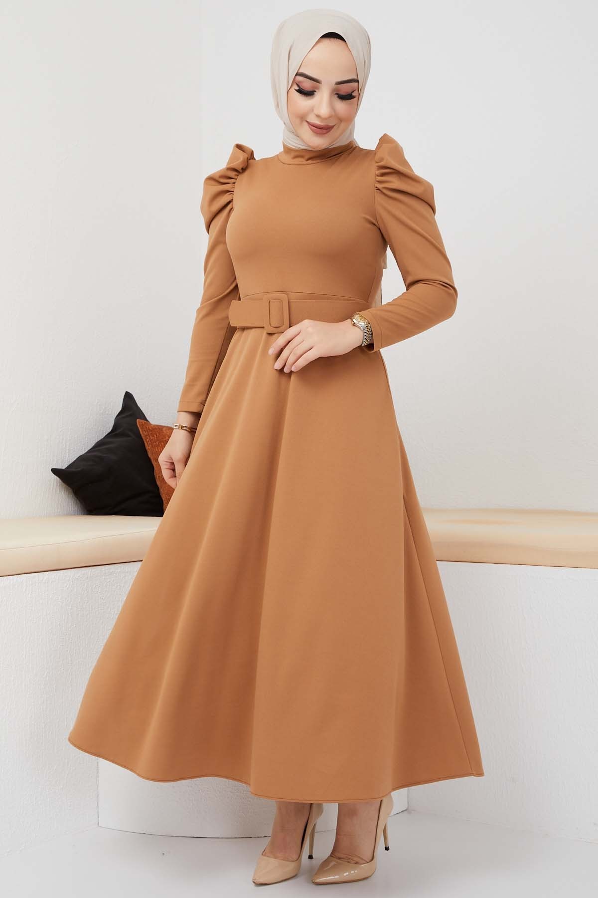 Buket Krep Elbise - Camel