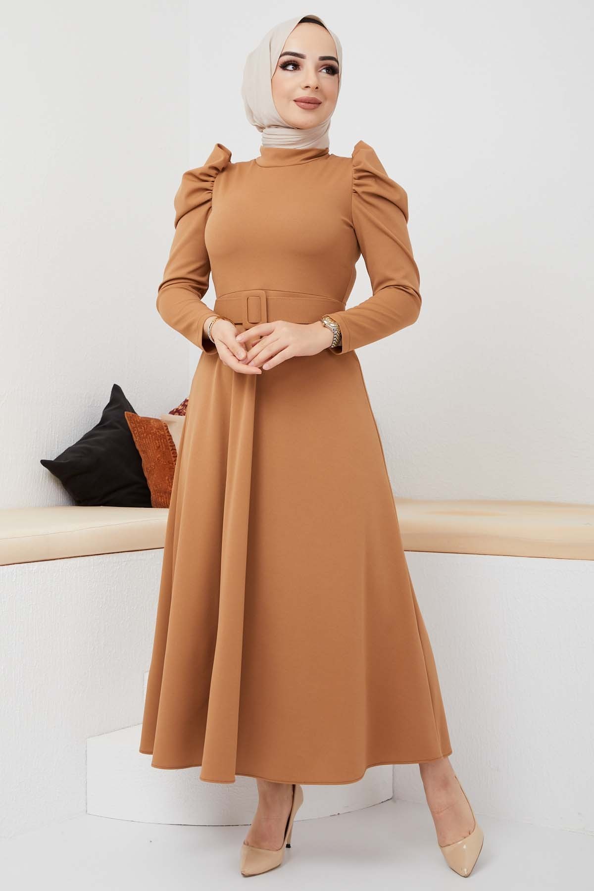 Buket Krep Elbise - Camel