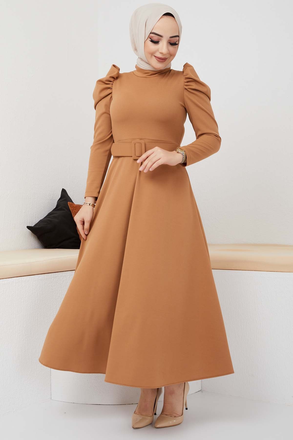 Buket Krep Elbise - Camel