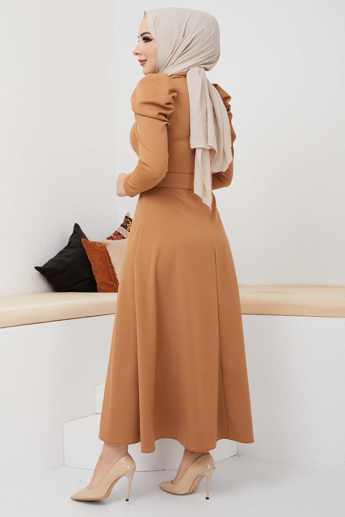 Buket Krep Elbise - Camel