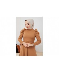 Buket Krep Elbise - Camel