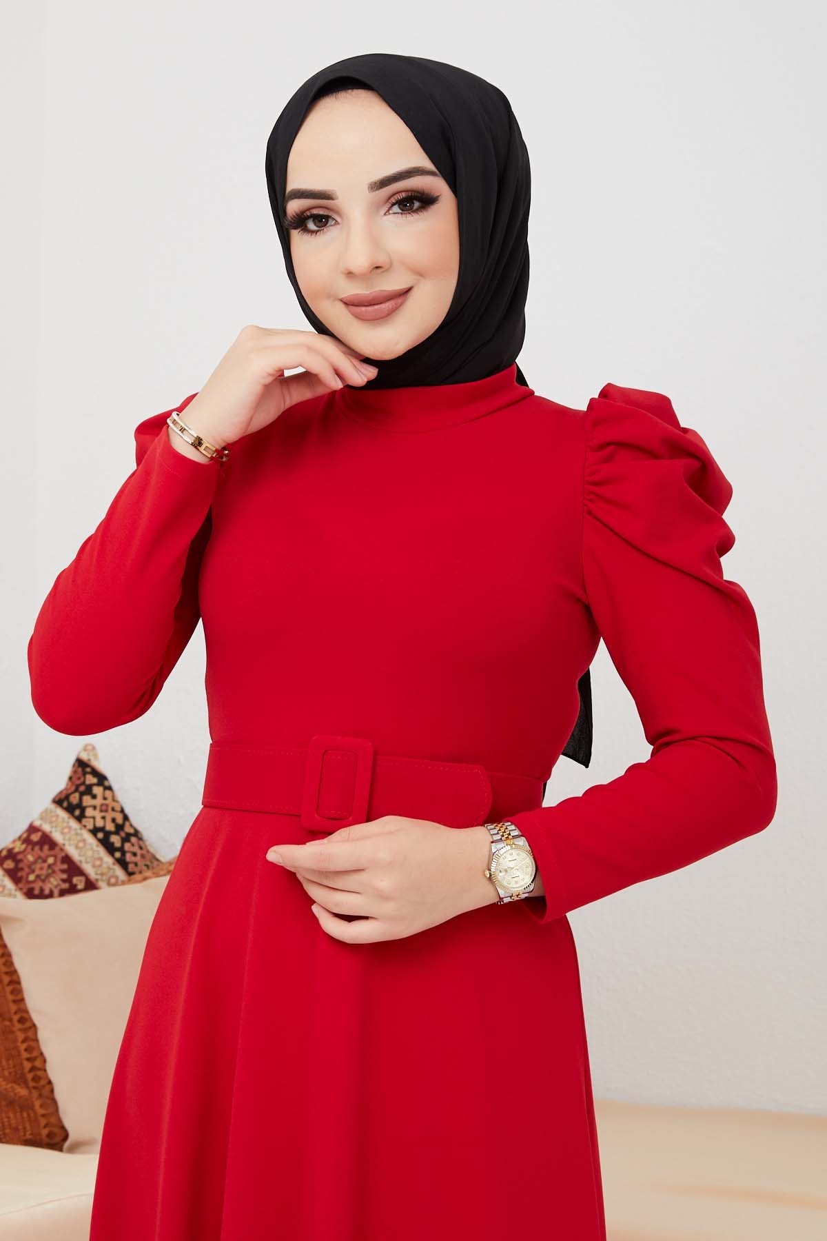 Buket Krep Elbise - Kırmızı