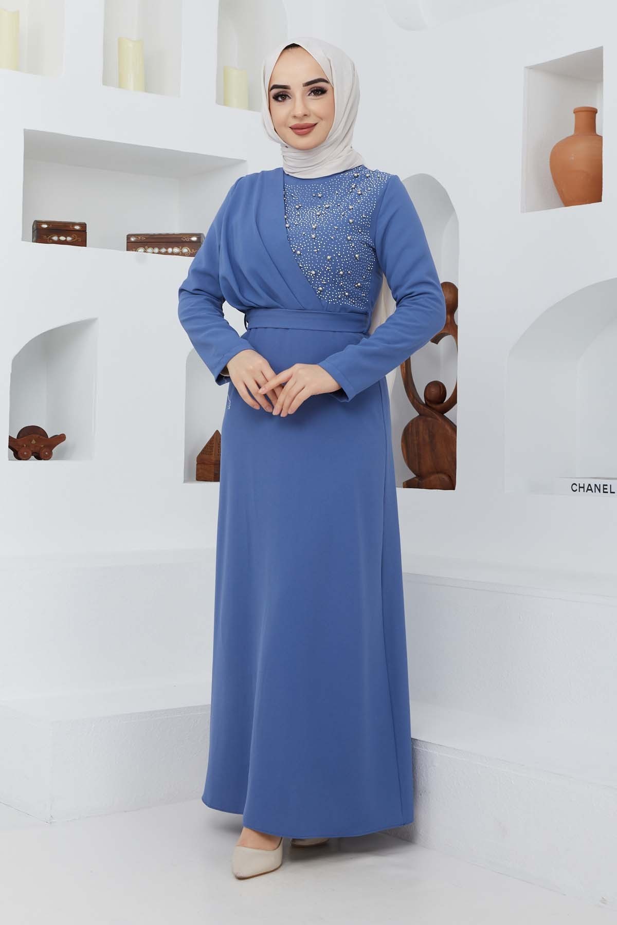 Boncuk Krep Elbise - Mavi