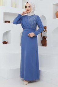 Boncuk Krep Elbise - Mavi