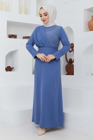 Boncuk Krep Elbise - Mavi