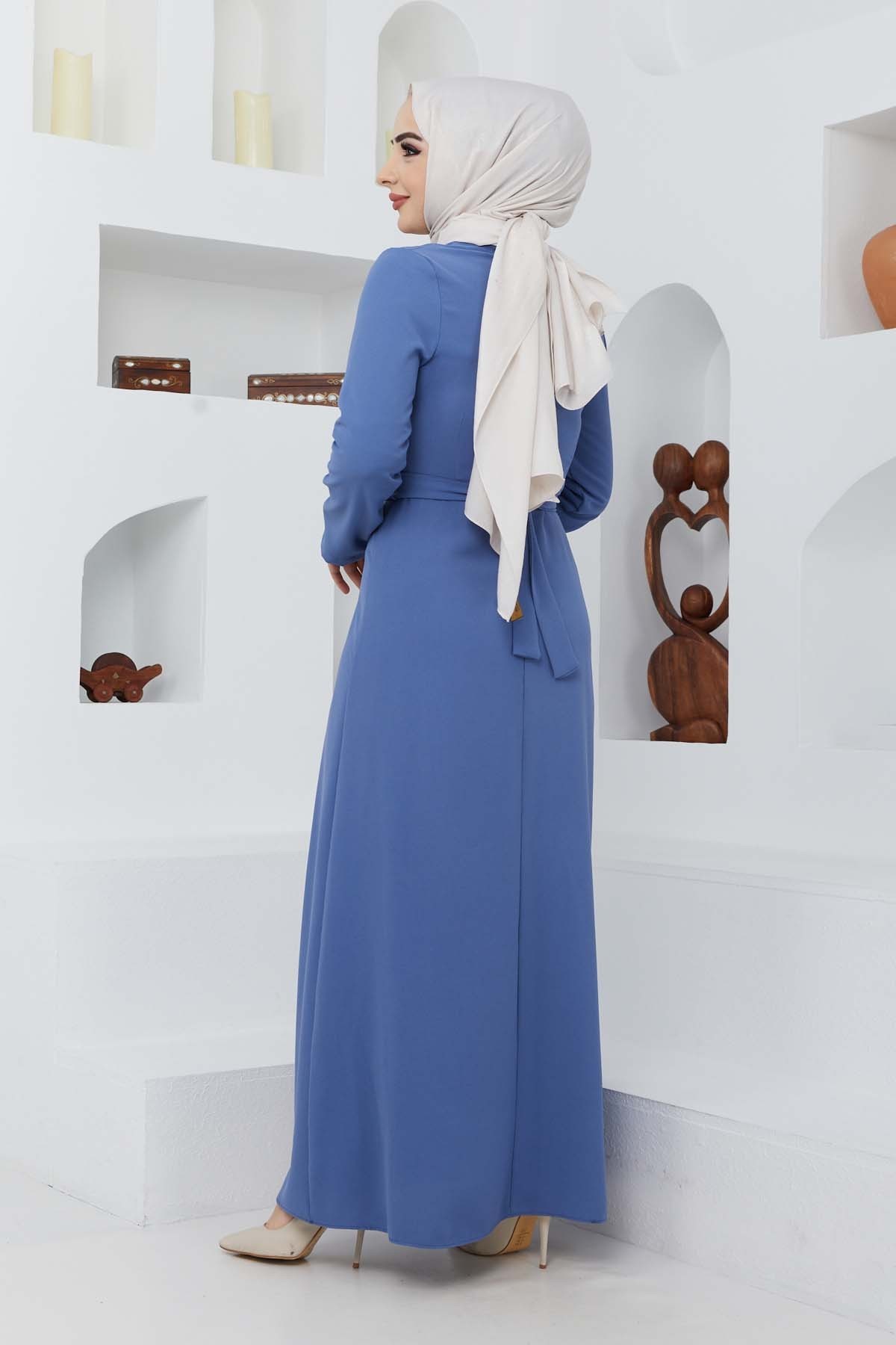 Boncuk Krep Elbise - Mavi