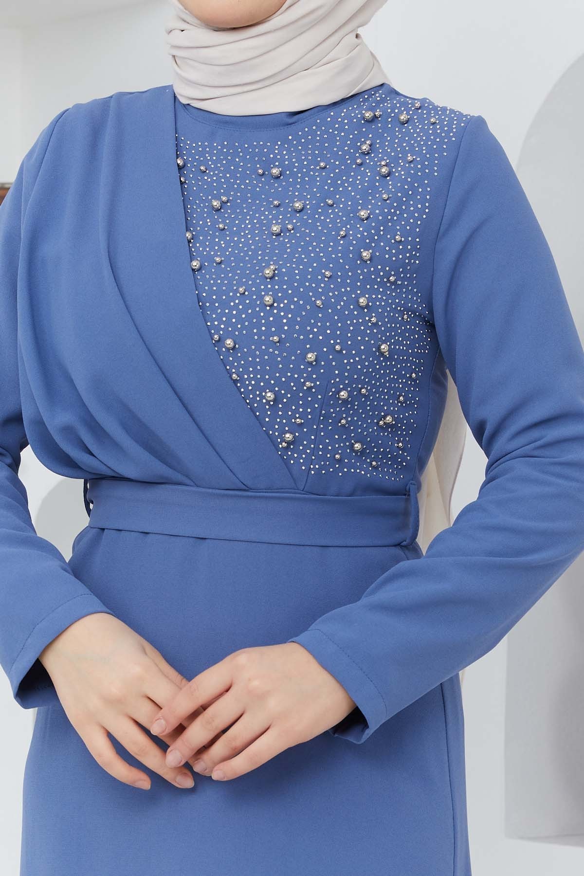 Boncuk Krep Elbise - Mavi