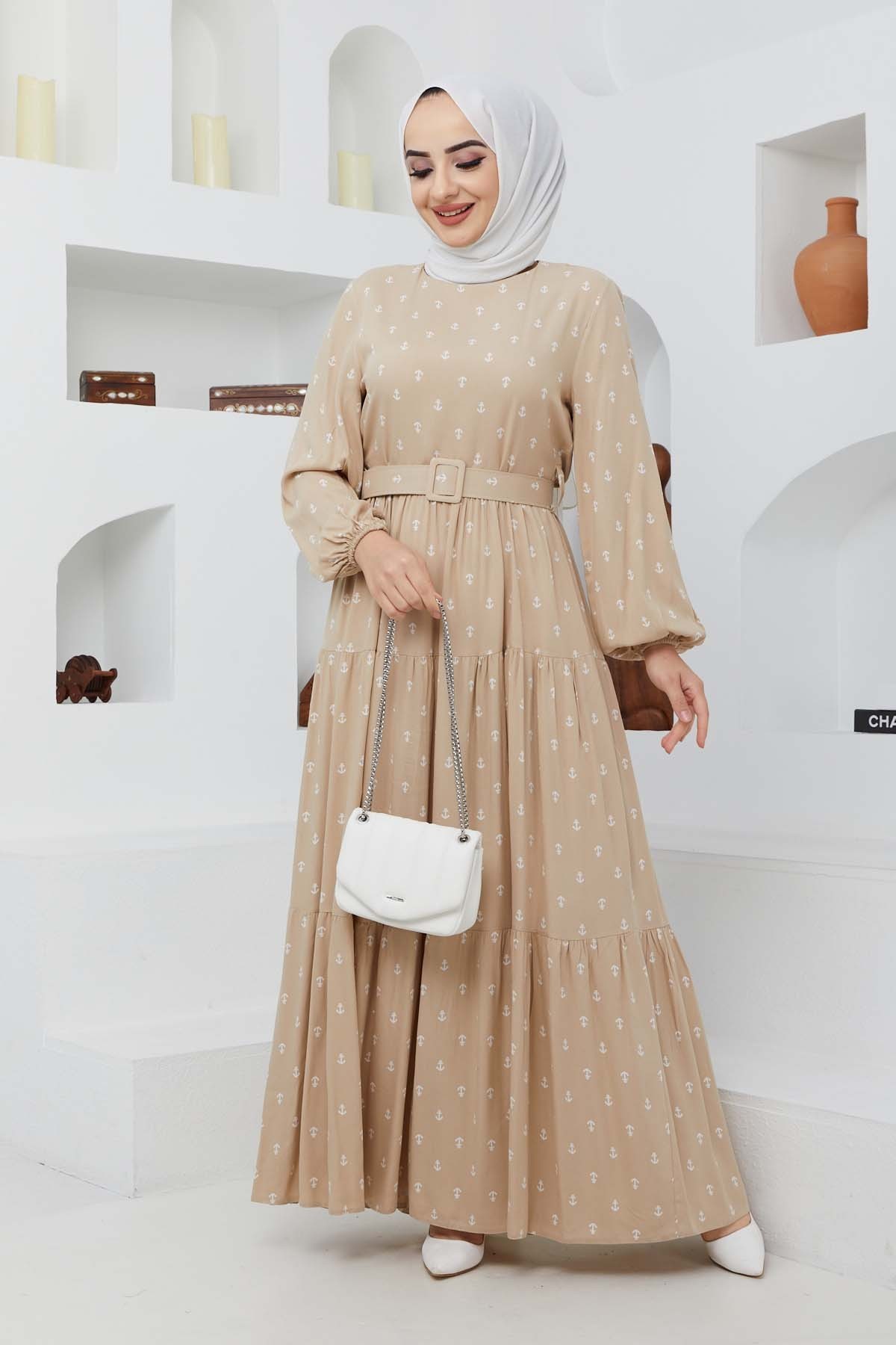 Deniz Viskon Elbise - Bej