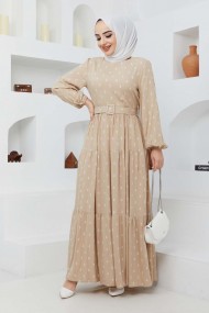 Deniz Viskon Elbise - Bej