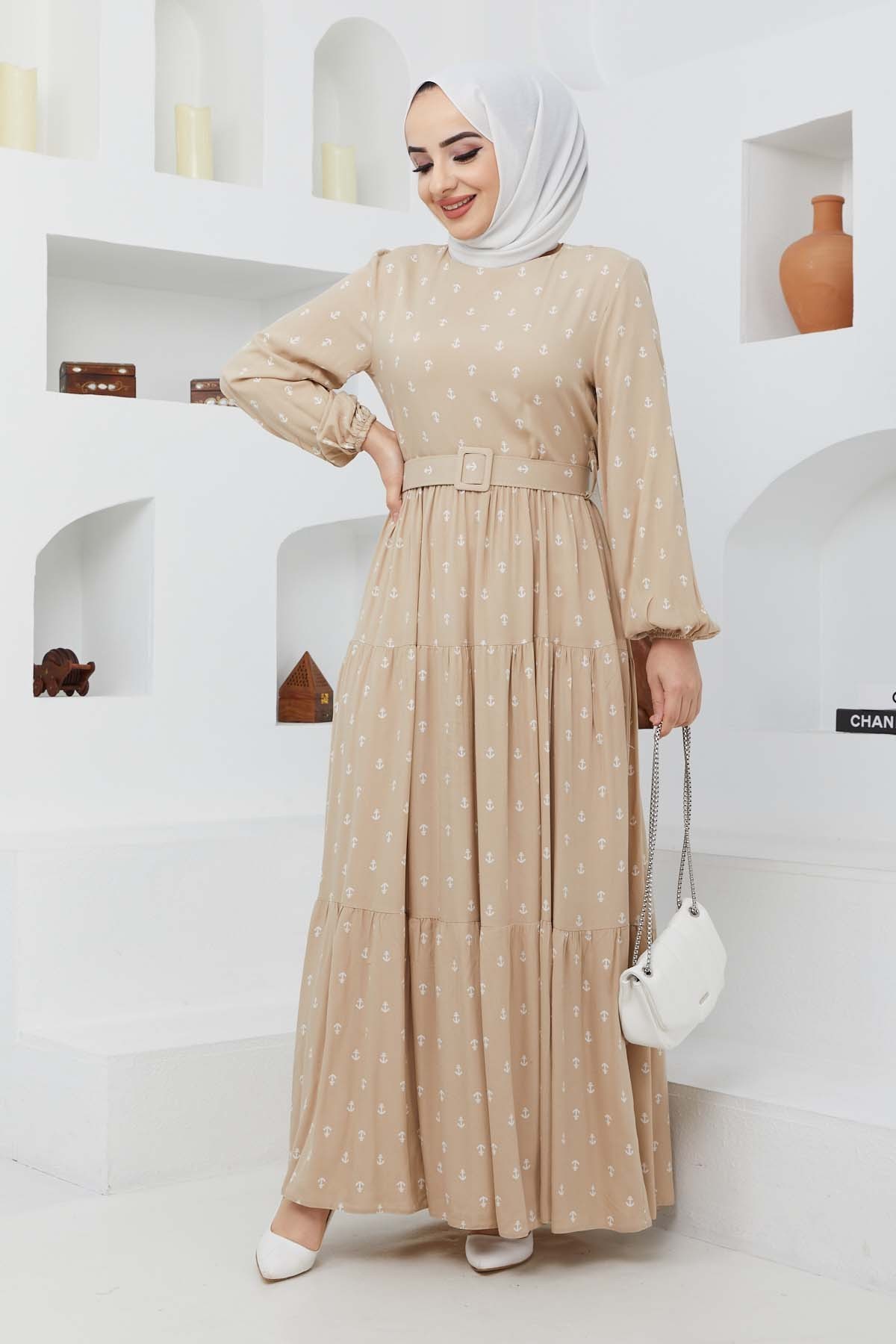 Deniz Viskon Elbise - Bej