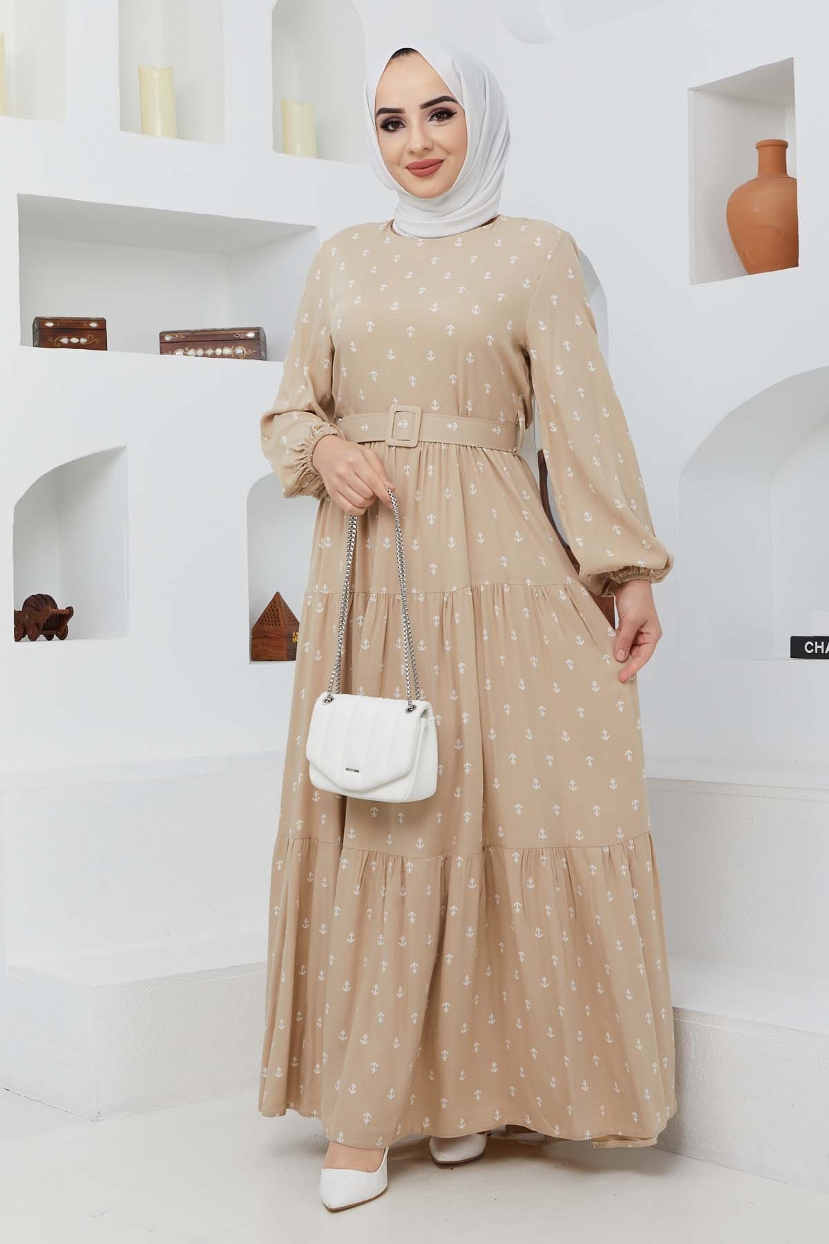 Deniz Viskon Elbise - Bej