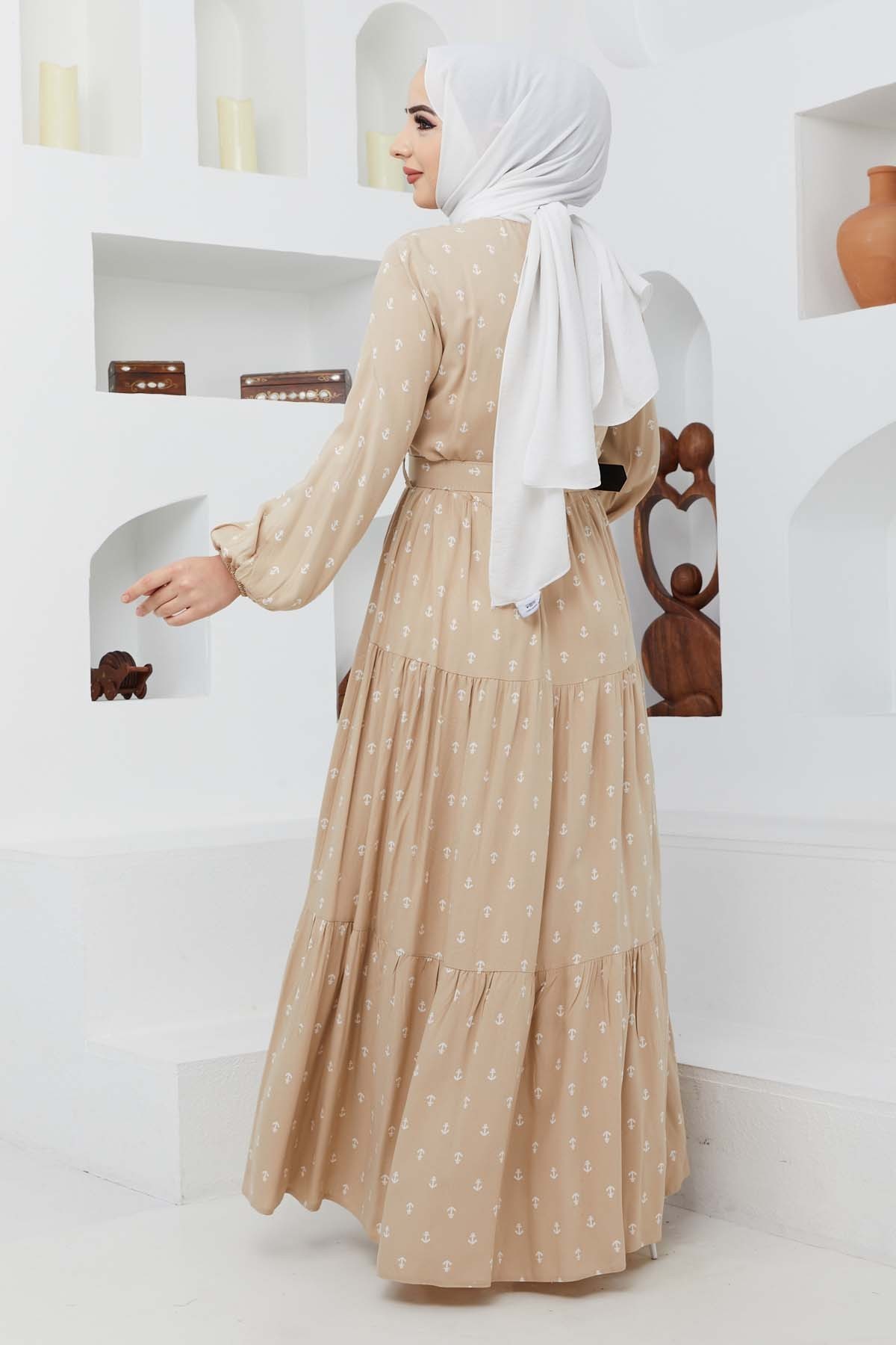 Deniz Viskon Elbise - Bej